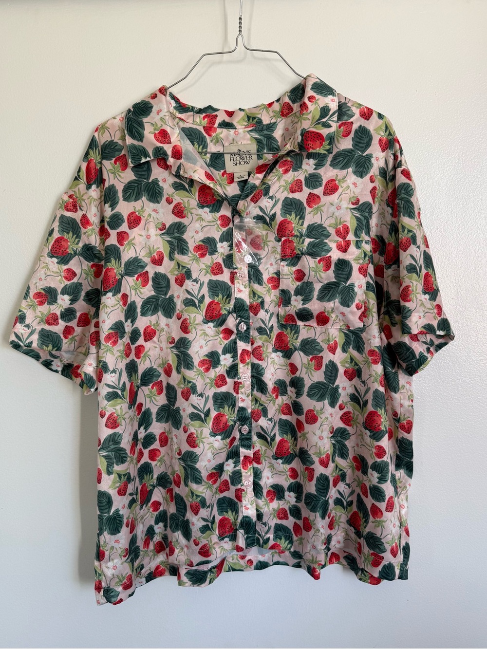 Macy's Cream Strawberry-Print Short Sleeve Button Front Pajama Top